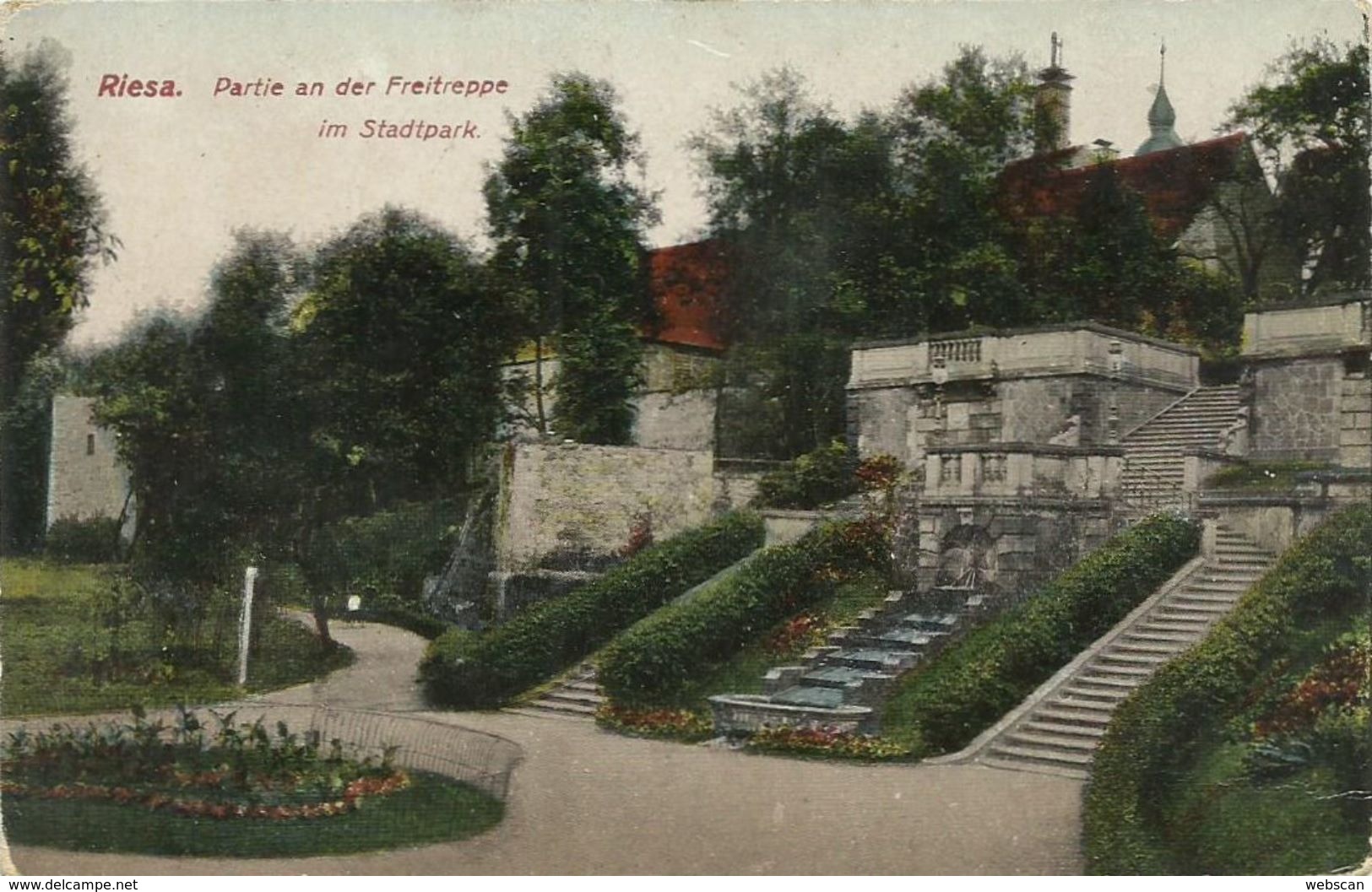 AK Riesa Stadtpark Freitreppe Heliocolor ~1910 #03 - Riesa