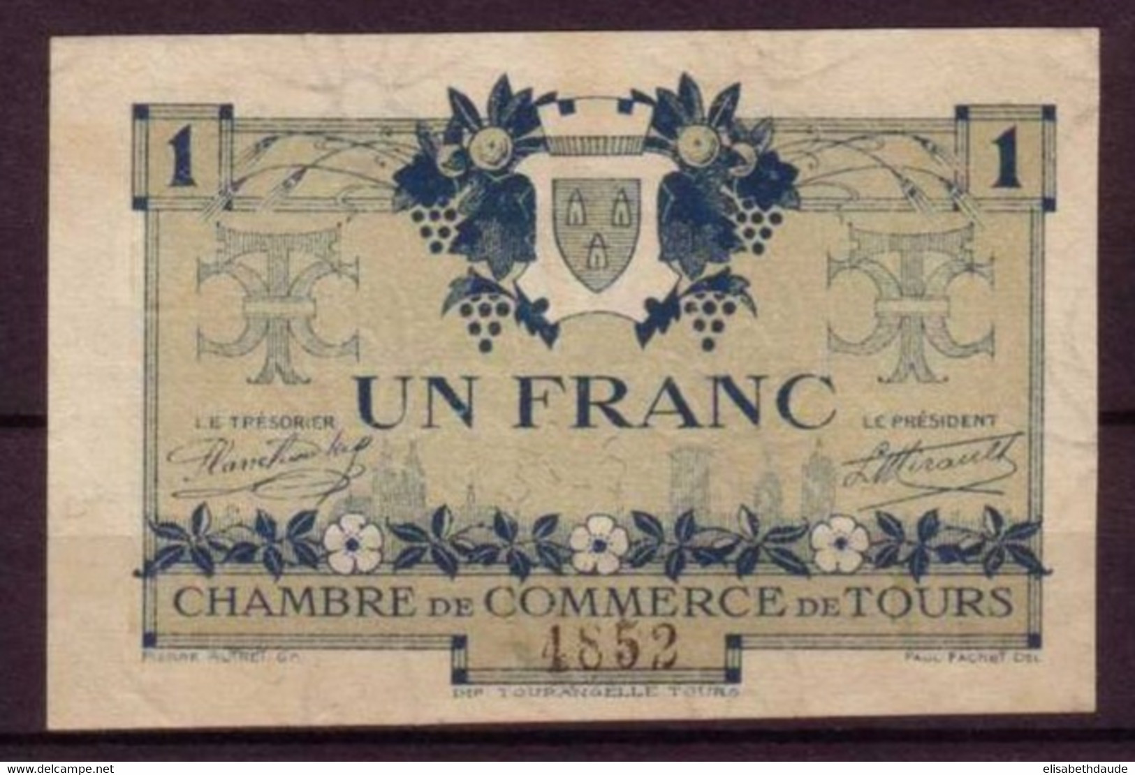 INDRE Et LOIRE - 1920 - 2° EMISSION - BON De 1F. De La CHAMBRE DE COMMERCE De TOURS - GUERRE 14/18 - FILIGRANE ABEILLE - - Cámara De Comercio