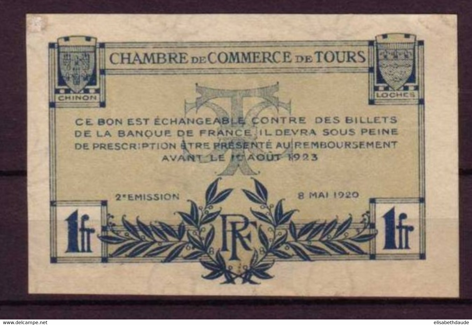 INDRE Et LOIRE - 1920 - 2° EMISSION - BON De 1F. De La CHAMBRE DE COMMERCE De TOURS - GUERRE 14/18 - FILIGRANE ABEILLE - - Camera Di Commercio