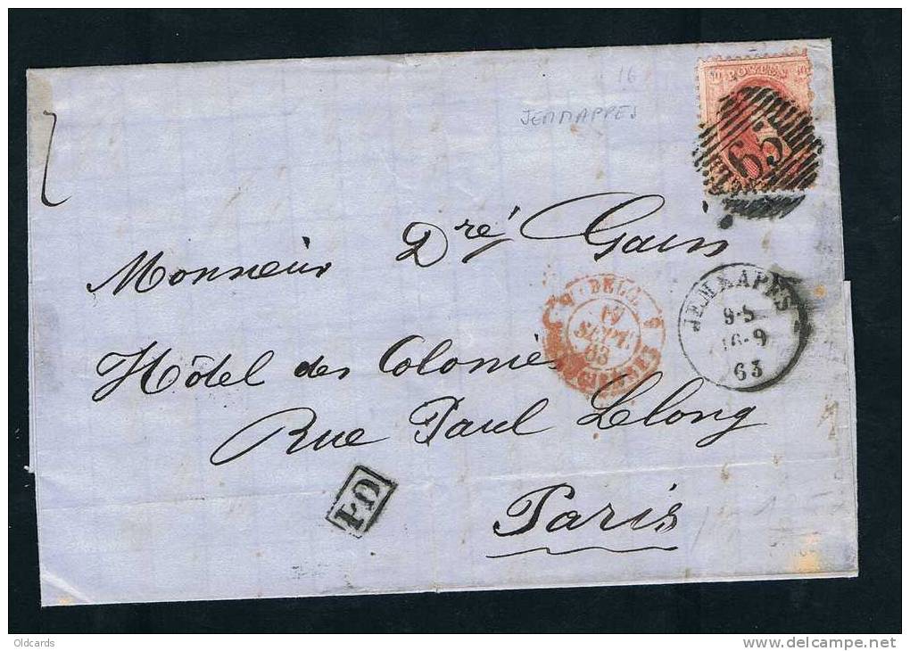 Belgique 1863 Lettre Affr. N°16 P65 JEMAPPES Pour Paris. - 1863-1864 Médaillons (13/16)