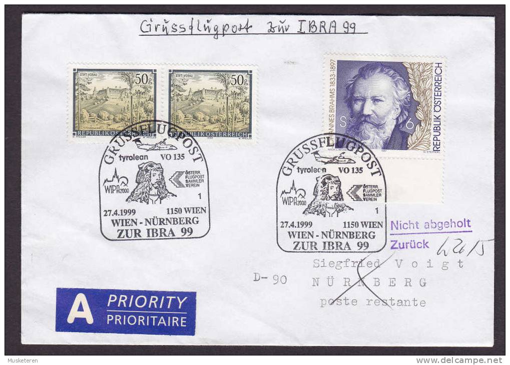 Austria A Priority Prioritaire Label GRUSSFLUGPOST Wien - Nürnberg Zur IBRA 99 Nicht Abgeholt Zurück Purple Line Cds - First Flight Covers