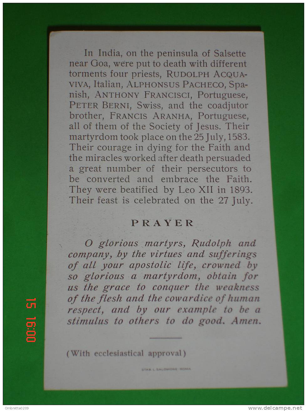 Martiri INDIA-Compagnia Gesù-  Rudolph Acquaviva-Alphonsus Pacheco-Anthony Francisci-Peter Berni-Aranha-santino-Salomone - Images Religieuses