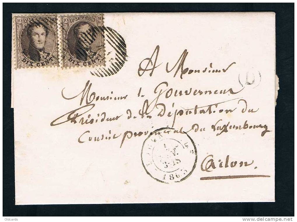 Belgique 1863 Lettre Affr. N°14 X2 P41 FLORENVILLE + Boîte D (MUNO) - 1863-1864 Medaglioni (13/16)