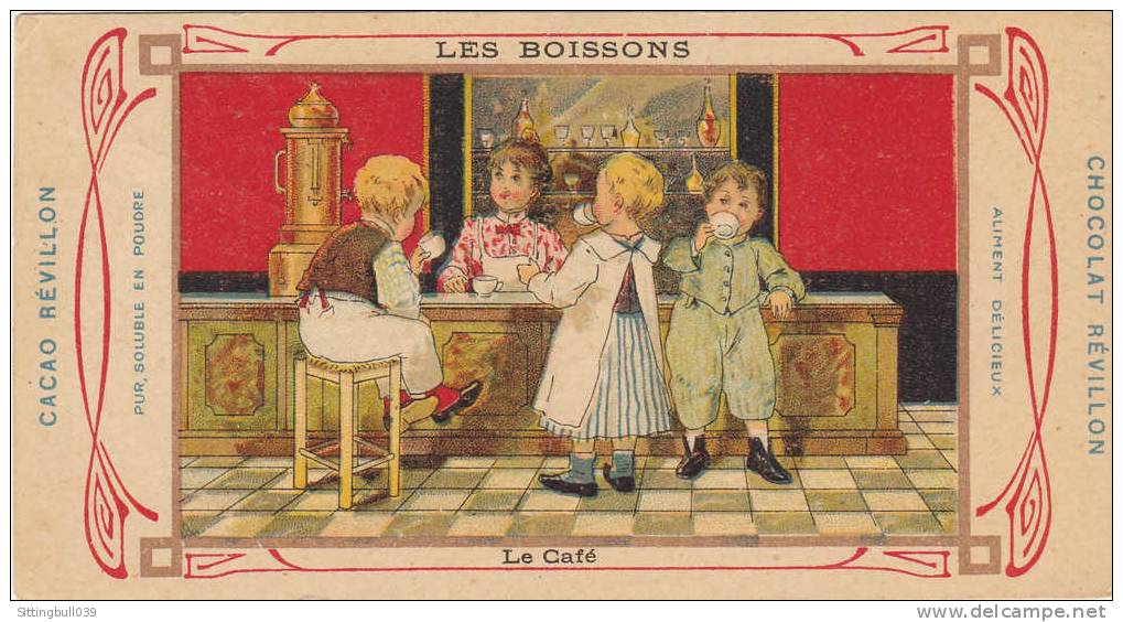CHROMO CHOCOLAT REVILLON. Thème, Les Boissons : Le Café. Scène Enfantine Au Café Comptoir. Publicité Au Verso. XIXe - Revillon