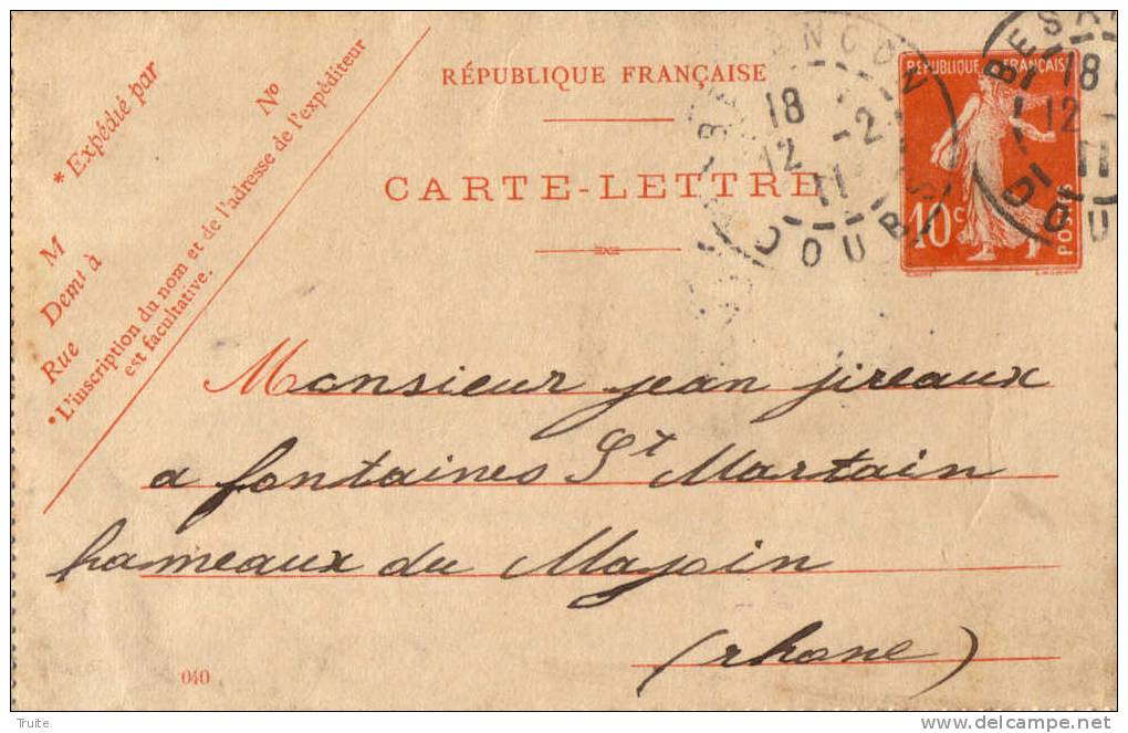 CARTE-LETTRE PARTIE DE BESANCON EN 1911 - Cartes-lettres