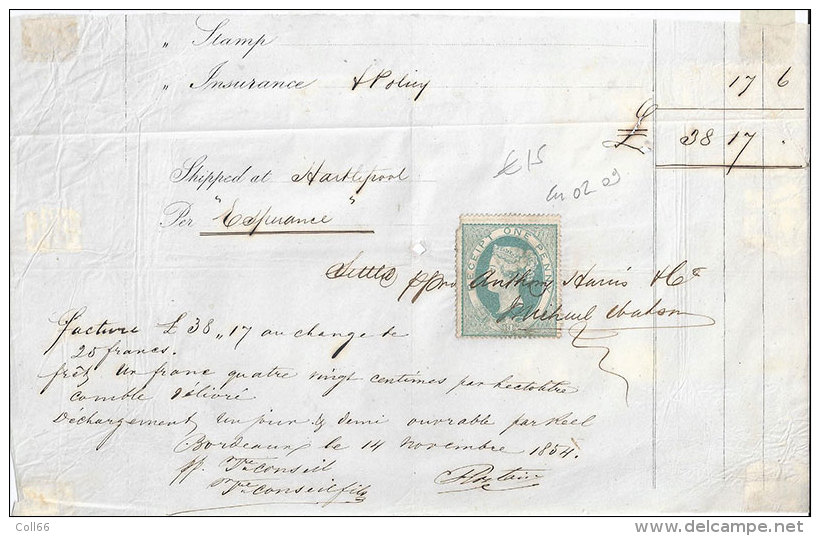 1854  Fiscal Stampe Insurance  Shipped In Good Order Steamer Bateau-vapeur Esperance To Startlepool Bordeaux - Regno Unito