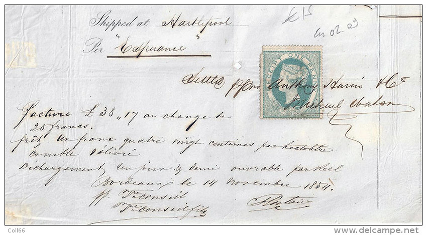 1854  Fiscal Stampe Insurance  Shipped In Good Order Steamer Bateau-vapeur Esperance To Startlepool Bordeaux - Royaume-Uni