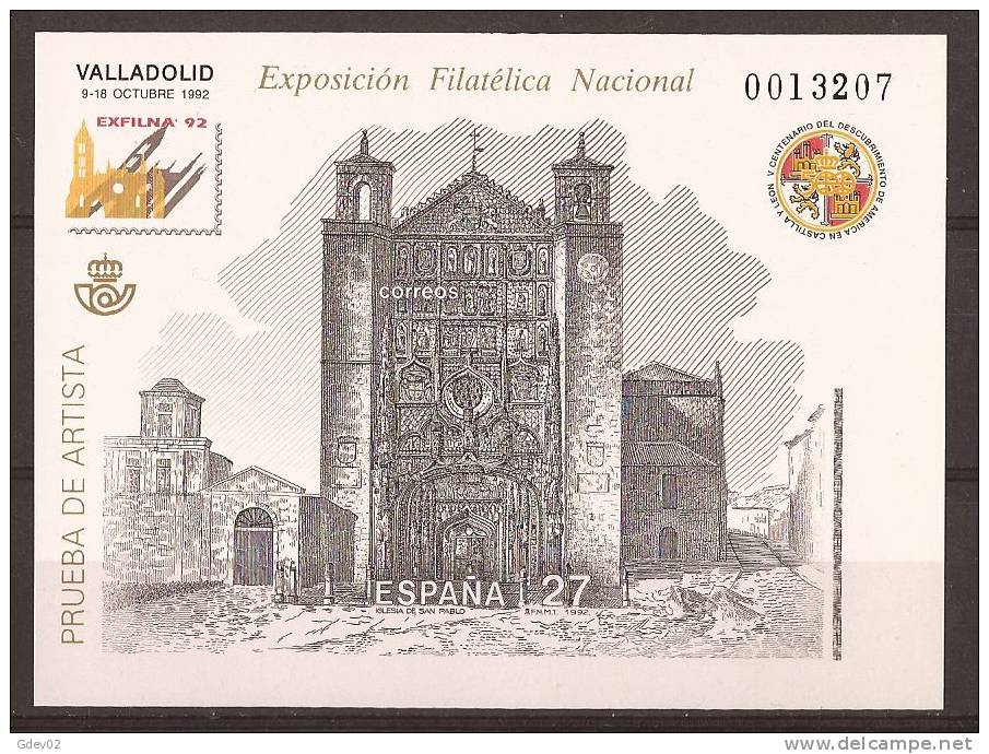 ESPO27-L3927TV.Iglesia De San. Pablo(Valladilid).Spain Espagne.PRUEBA  OFICIAL 27 EXFILNA 1992.(Ed PO 27)SIN DENTAR - Errors & Oddities