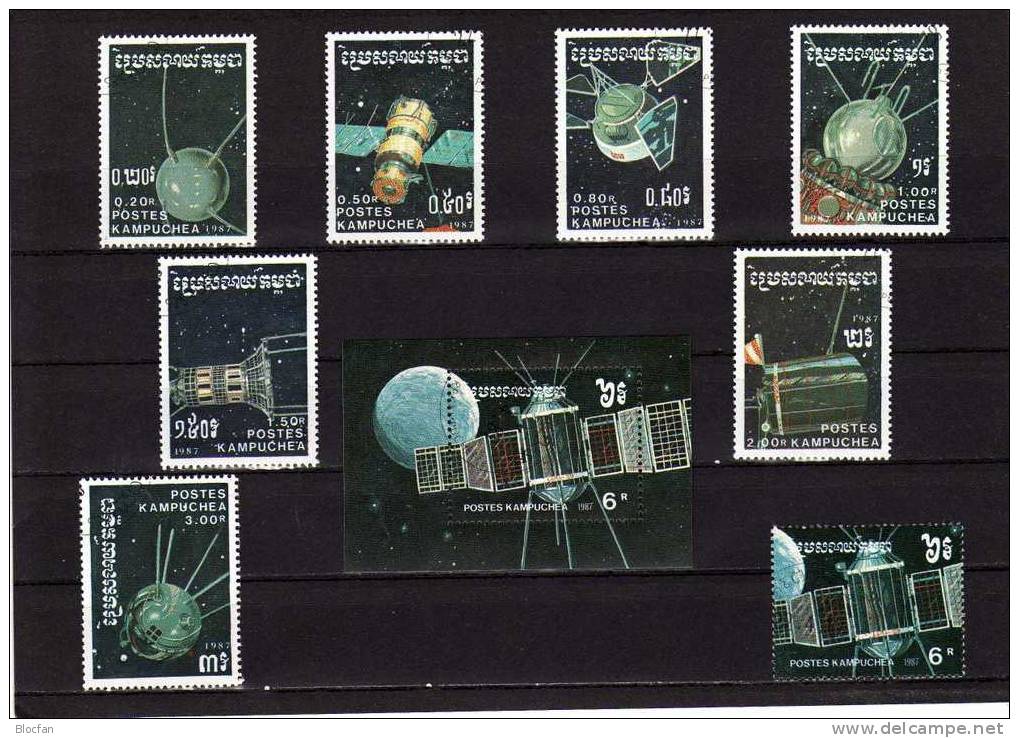 Erforschung Der Sterne Und All 1987 Kambodcha 855/2 + Block 152 O 5€ Sputnik Proton Elekton LUNA Sheet From Cambodscha - Kampuchea