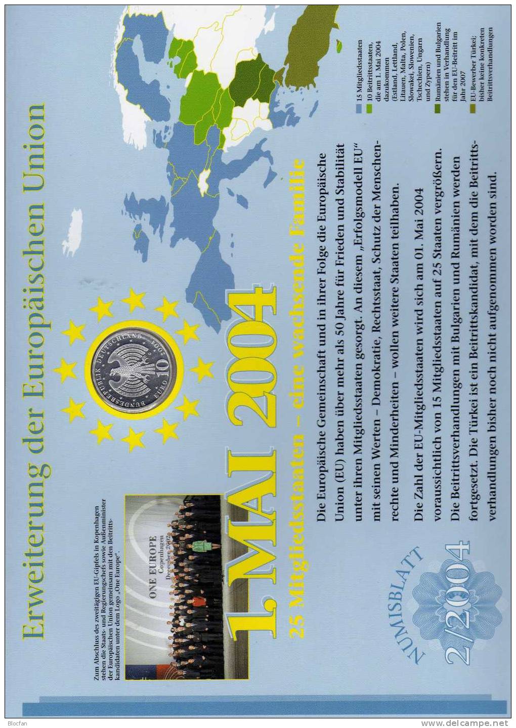 Erweiterung Der EU Numisblatt 2/2004 Deutschland Mit 2400 10-KB SST 32€ Europa Mit 10 Neuen Länder Sheetlet From Germany - Collezioni