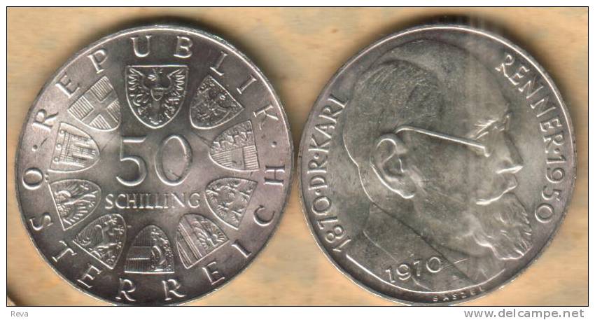 AUSTRIA  50 SCHILLING SHIELDS FRONT& KARL RENNER MAN BACK 1970 UNC SILVER  READ DESCRIPTION CAREFULLY!! - Austria