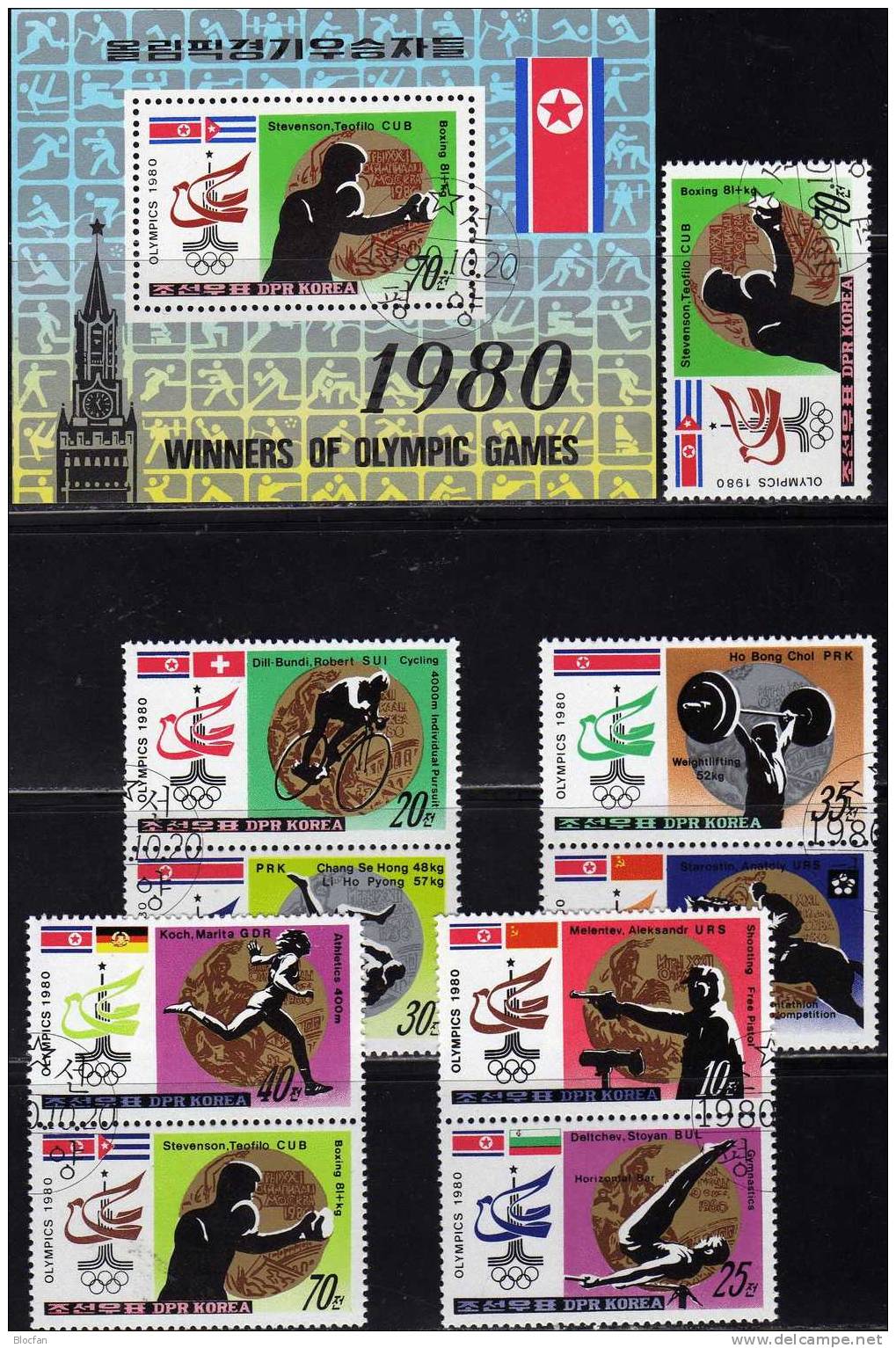 Sport-Piktogramme 1980 Korea 2052/9 Plus Block 84 O 8€ Schiessen Fussball Boxen Lauf Turnen Ringen Bloc Sheet From Corea - Corée Du Nord