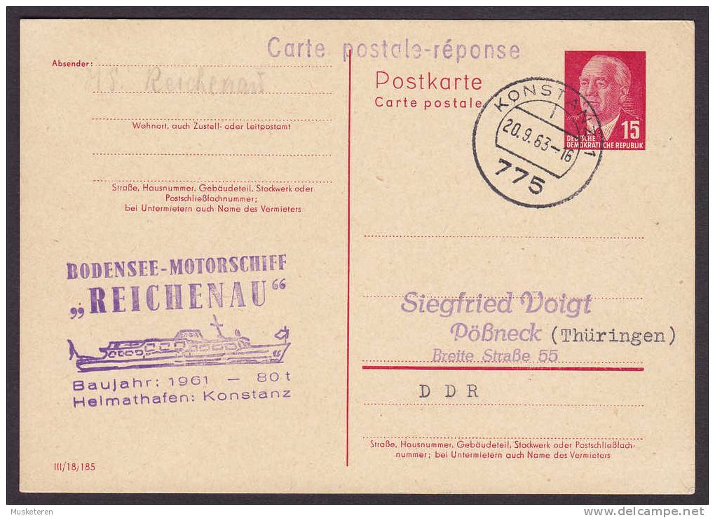 Germany DDR Postal Stationery Ganzsache Entier Antwort Response Bodensee-Motorschiff REICHENAU, KONSTANZ 1963 - Cartoline - Usati