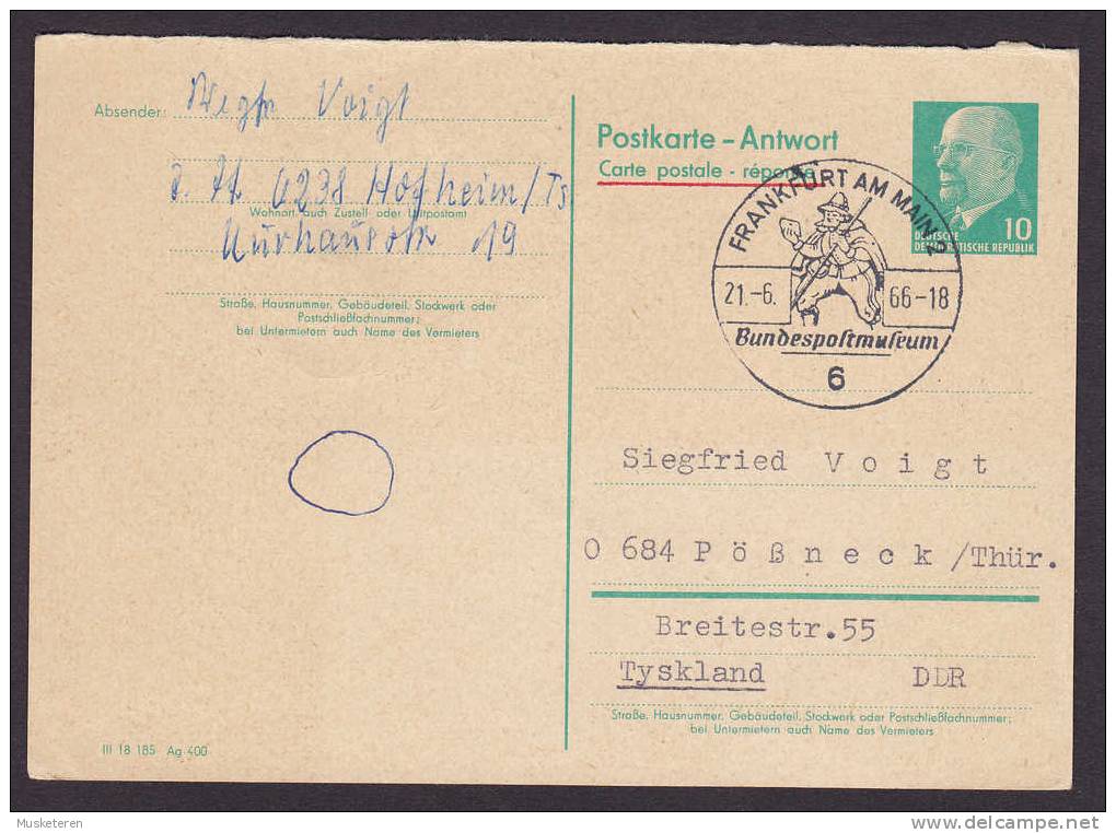 Germany DDR Postal Stationery Ganzsache Entier Antwort Response FRANKFURT AM MAIN Bundespostmuseum 1966 - Postkarten - Gebraucht