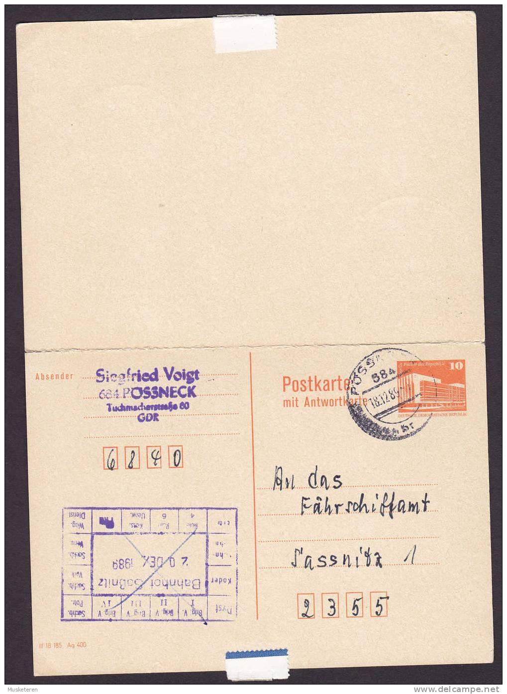 Germany DDR Postal Stationery Ganzsache Entier M. Antwort Response PÖSSNECK 1990 To SASSNITZ TS-Line Fähre Ferry - Postkarten - Gebraucht