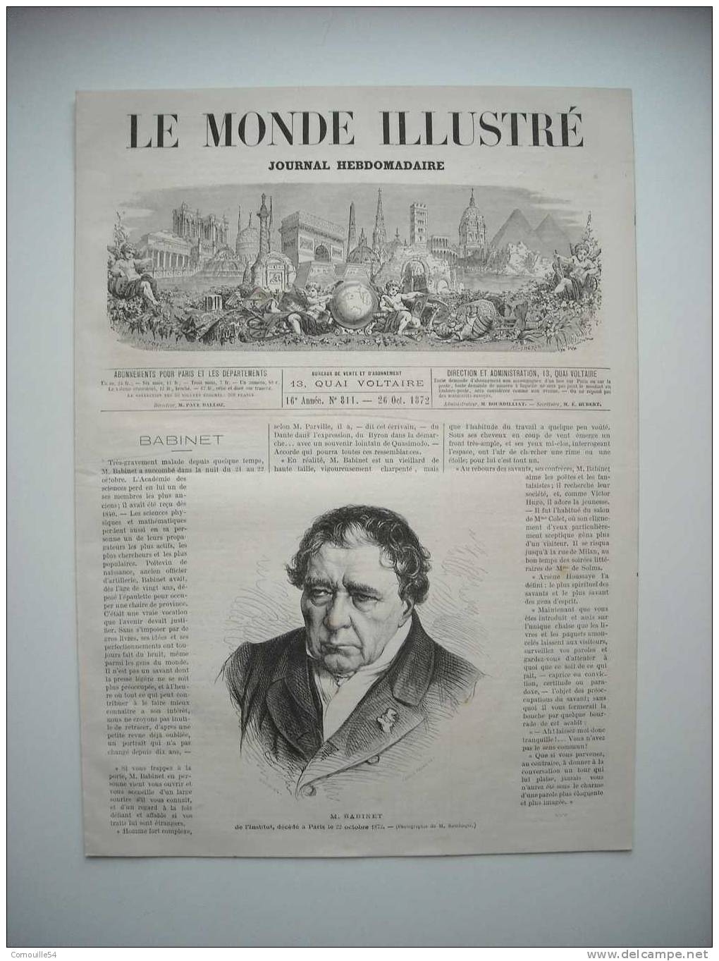 GRAVURE 1872. M. BABINET, DE L’ACADEMIE DES SCIENCES. AVEC EXPLICATIF. - Verzamelingen