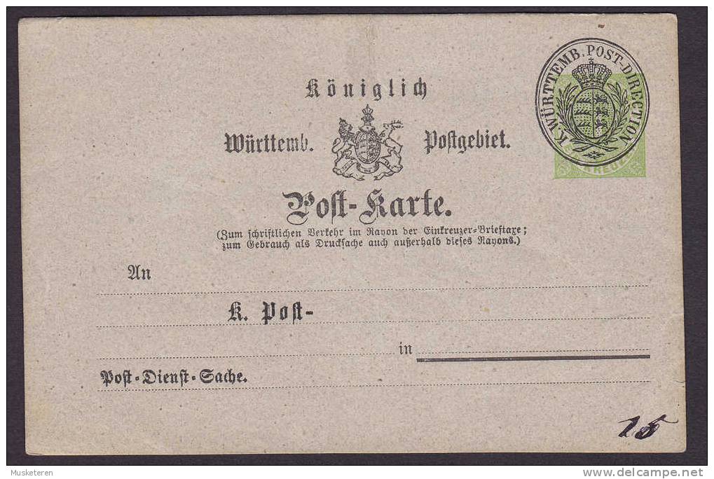 Württemberg Postal Stationery Ganzsache Entier Post-Dienst-Sache Overprinted 1 Kr. POST-DIREKTION - Ganzsachen