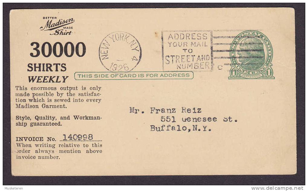 United States MADISON MILLS, Inc. Private Postal Stationery Ganzsache NEW YORK 1926 Commercial & Invoice Notice Card - 1921-40