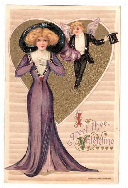 Victorian Valentines Day Postcard, Glamour Lady With Cupid In Tux - San Valentino