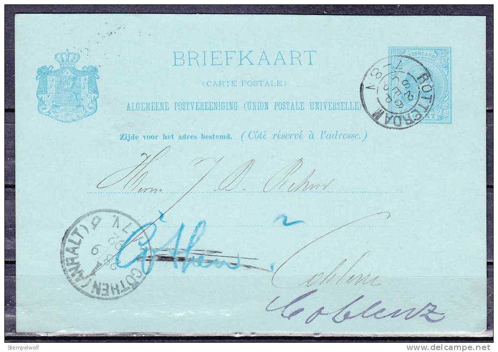 P 19 Koenigin Wilhelmina, Rotterdam Nach Coblenz, Fehlgeleitet Nach Coethen Anhalt, Je AK-Stempel 1892 (37388) - Ganzsachen