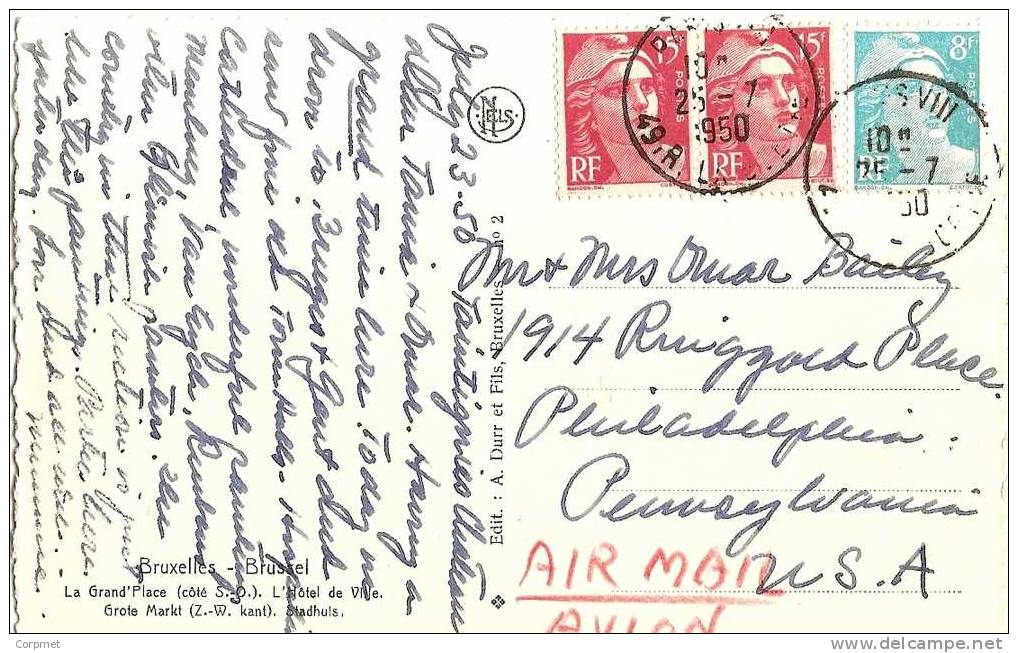 FRANCE - 1950 VF CPA - Type MARIANNE De GANDON  15f (pair) + 8f - Yvert # 810 - 813 X2 - From PARIS To PENNSYLVANIA - 1945-54 Marianne Of Gandon