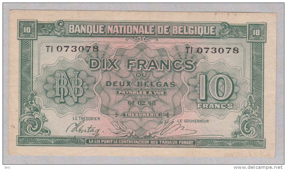 BELGIUM 10 FRANCS 1943  P 122 - 10 Franchi-2 Belgas