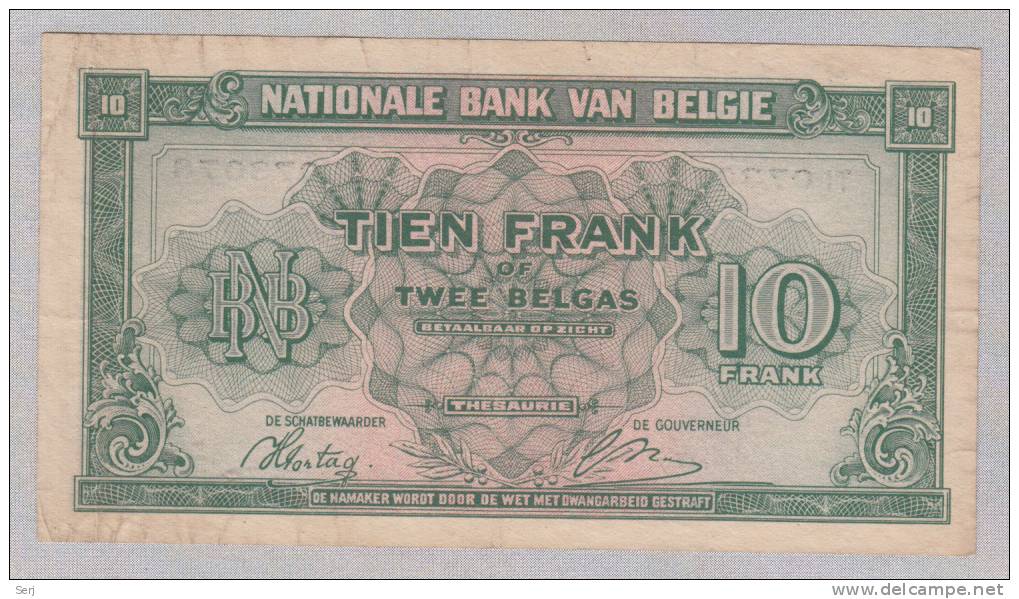 BELGIUM 10 FRANCS 1943  P 122 - 10 Francos-2 Belgas