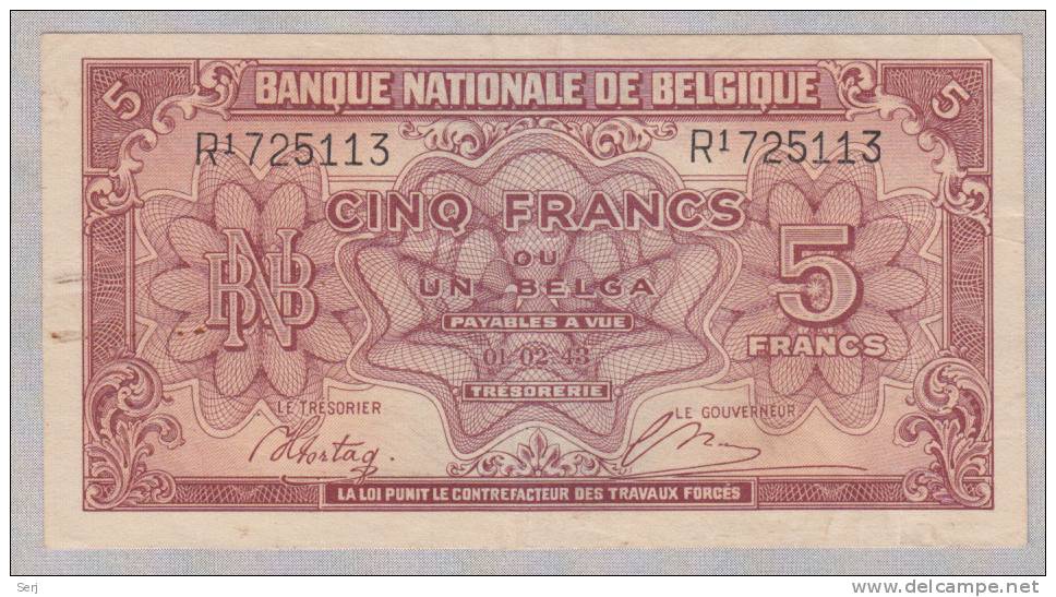 BELGIUM 5 FRANCS 1943 P 121 - 5 Francs-1 Belga