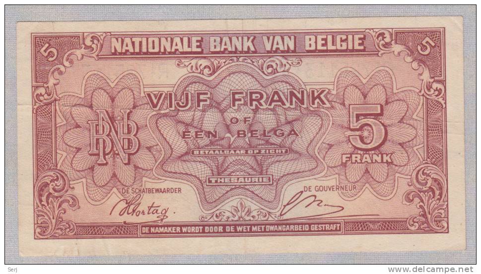 BELGIUM 5 FRANCS 1943 P 121 - 5 Francos-1 Belga