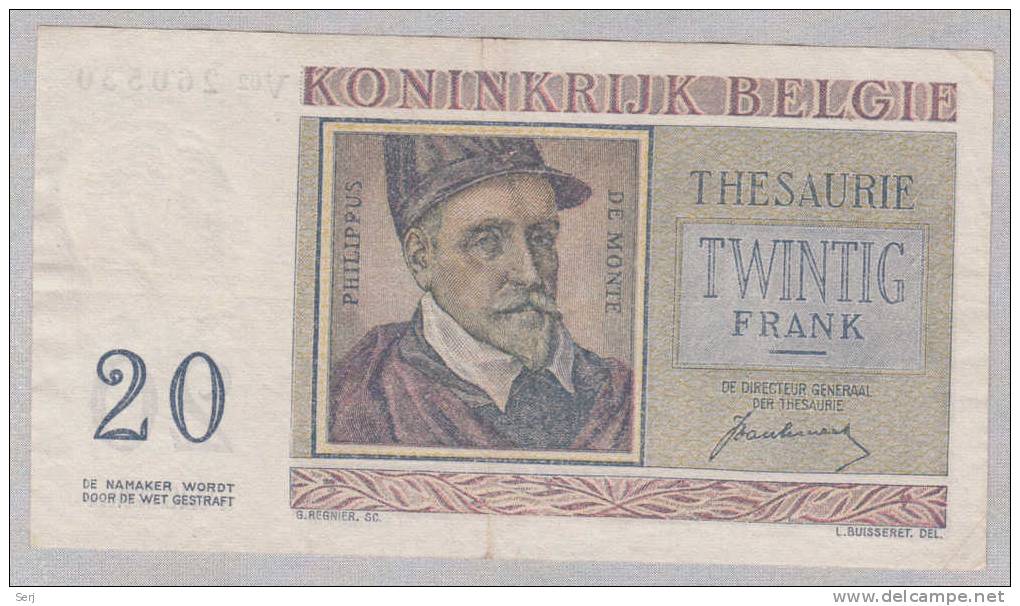 BELGIUM 20 Francs 1-7-1950 VF++  CRISP Banknote P 132a  132 A - Otros & Sin Clasificación