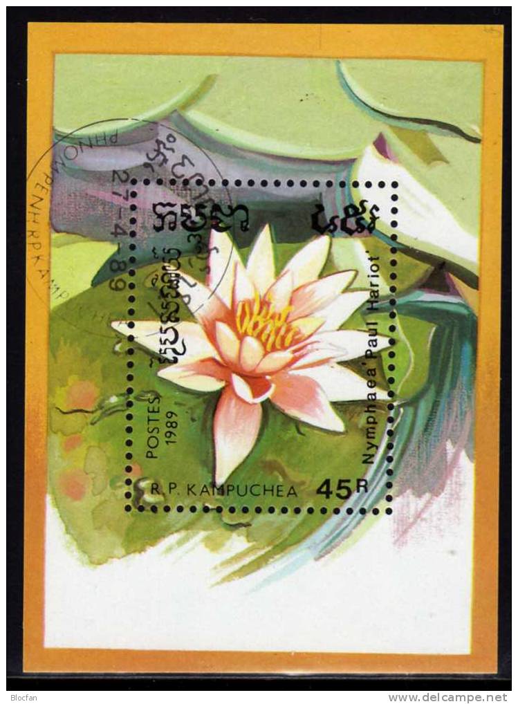 Naturschutz 1989 Seerosen Kambodscha 1032-7, 1039 Plus Block 166 O 3€ Blumen Nymphaea Sunrise Bloc Sheet From Cambodscha - Kampuchea