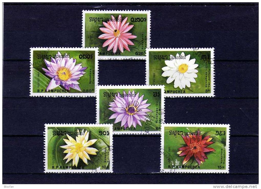 Naturschutz 1989 Seerosen Kambodscha 1032-7, 1039 Plus Block 166 O 3€ Blumen Nymphaea Sunrise Bloc Sheet From Cambodscha - Kampuchea