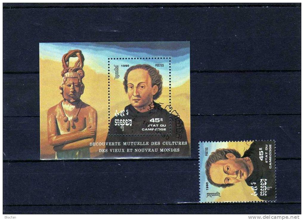 500 Jahre Entdeckung Von Amerika 1990 Kambodscha 1185-0,1192 Plus Block 180 O 4€ Columbus Karavelle Sheet From Cambodga - Kampuchea