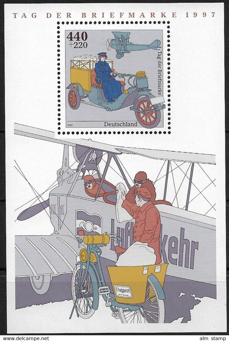 1997 Deutschland Germany  Mi. Bl. 41** MNH  Historisches Flugzeug Und Dreirädriger Motorwagen Für Den Posttransport - 1991-2000