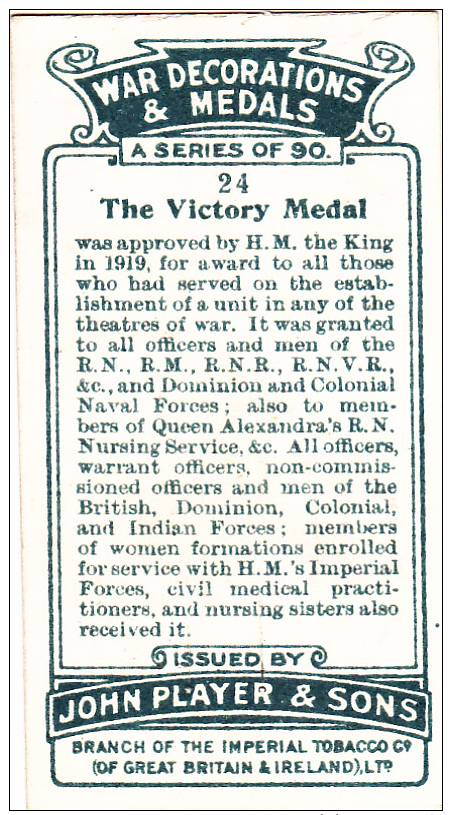 PLAYERS WAR DECORATIONS & MEDALS CARD No. 24 THE VICTORY MEDAL - Player's