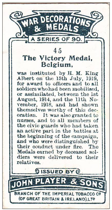 PLAYERS WAR DECORATIONS & MEDALS CARD No. 45 THE VICTORY MEDAL BELGIUM - Player's