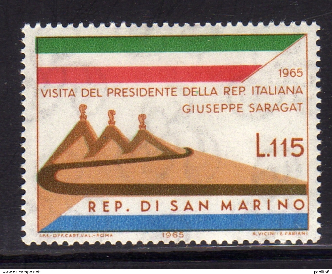 REPUBBLICA DI SAN MARINO 1965 VISITA DEL PRESIDENTE DELLA REPUBBLICA ITALIANA SARAGAT LIRE 115 MNH - Unused Stamps