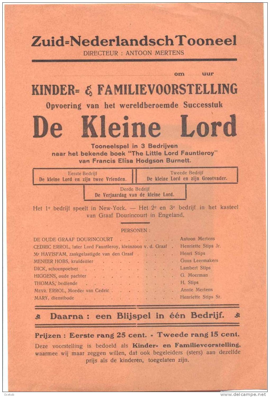 Pub. Reclame Kleine Affiche Zuid Ned. Toneel Ossendrecht - Programma De Kleine Lord - Affiches