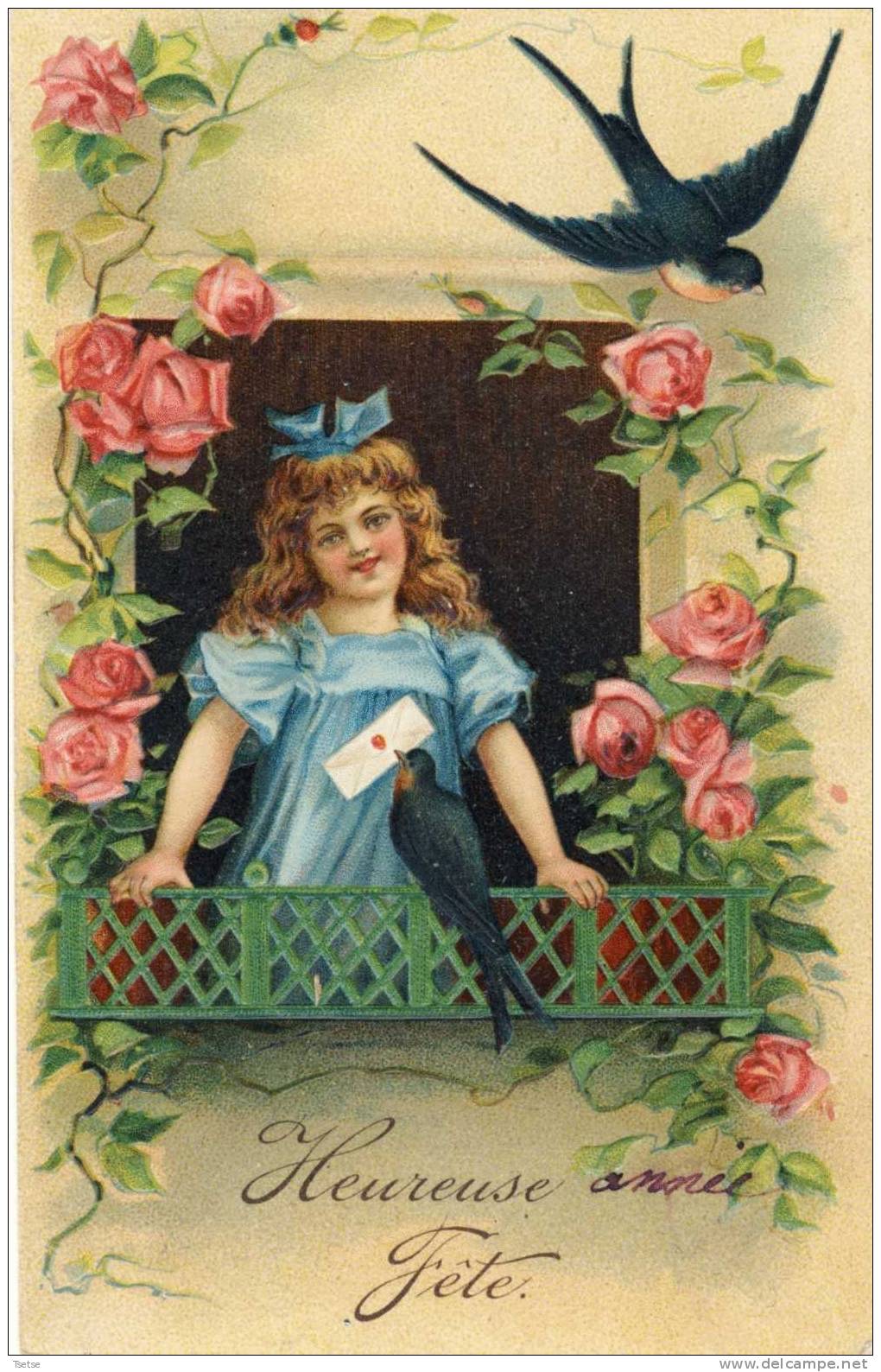 Superbe Carte En Relief, Décorée De Roses Et D'Hirondelles - 1908 ( Voir Verso ) - Autres & Non Classés