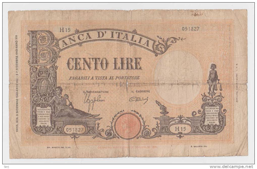 ITALY 100 Lire 1942 P 59 Rare - 100 Liras