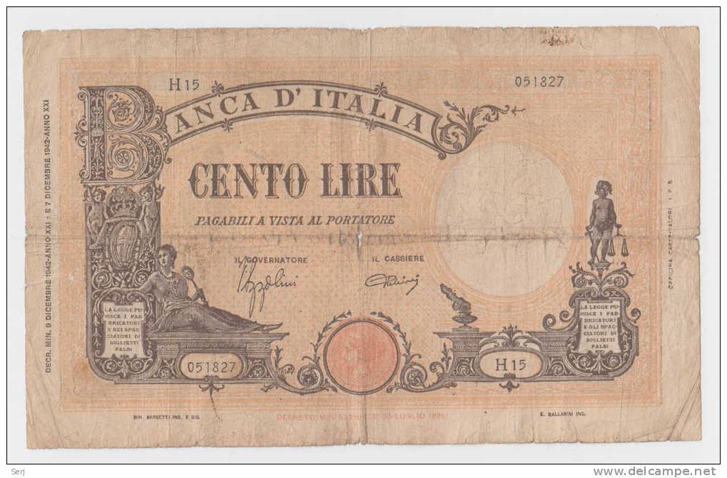 ITALY 100 Lire 1942 P 59 Rare - 100 Lire