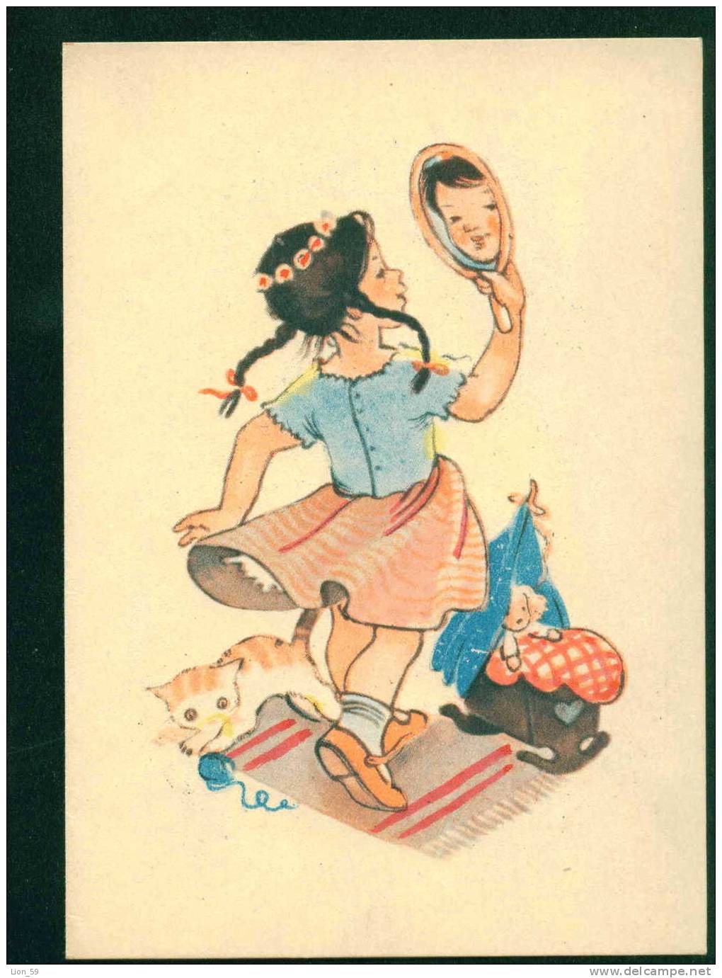 LITTLE GIRL Mirror  CAT DOLL BABY Illustrators Bulgaria Bulgarie Bulgarien Bulgarije Pc 31074 - 1900-1949