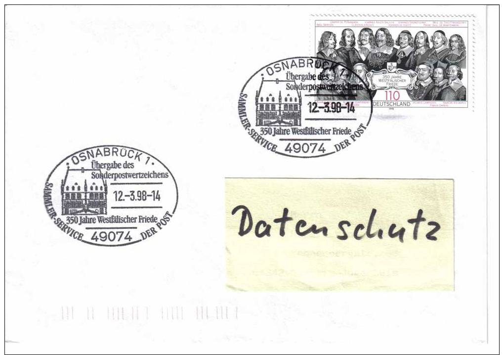 FDC 1979, 350 Jahre Westfälischer Friede, Osnabrück 12.3.1998, Gelaufen Und Codiert - Sonstige & Ohne Zuordnung