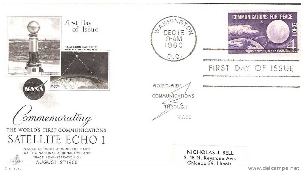 United States Scott # 1173 Addresed Fleetwood FDC Echo I - Communications For Peace - 1951-1960
