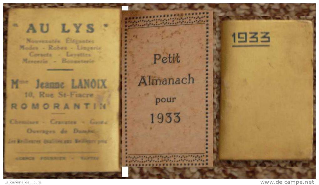 Calendrier, Almanach, Agenda 1933 Couleur Or, "Au Lys" Boutique Vêtements Romorantin 41 - Petit Format : 1921-40