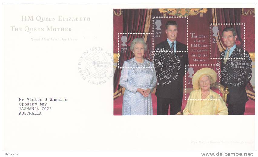 Great Britain -2000 The Queen Mother Souvenir Sheet FDC - 1991-2000 Em. Décimales