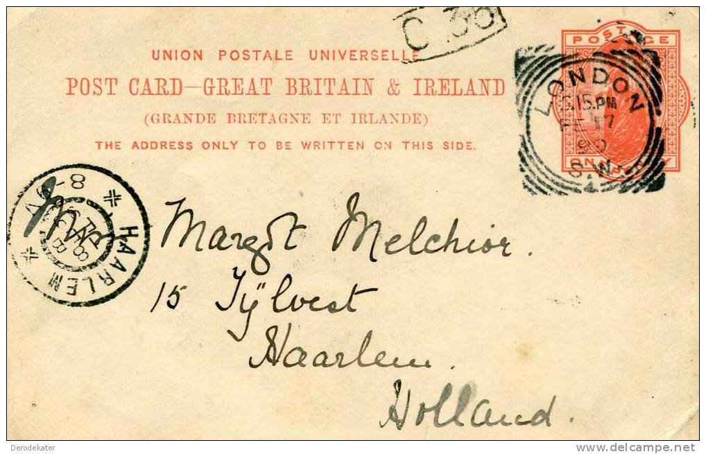 Post Card-Great Britain & Ireland One Penny. 1899. From London To Haarlem. Stamp C36. Grande Bretagne Et Irlande. - Andere & Zonder Classificatie