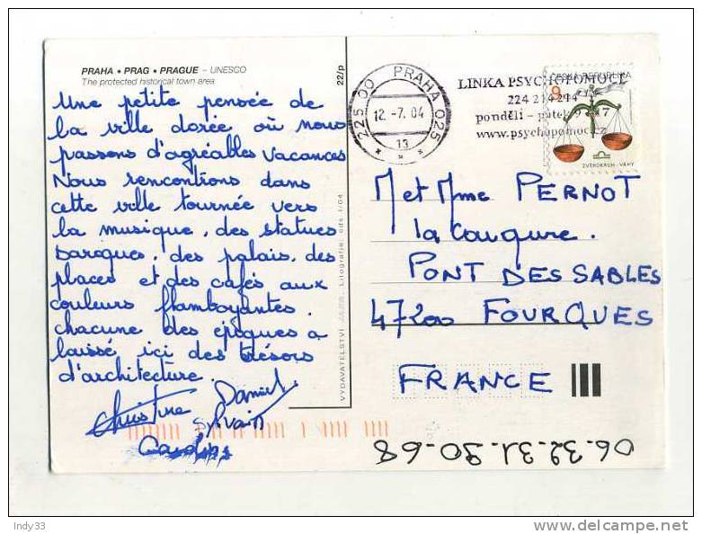 - TCHEQUIE . AFFRANCHISSEMENT SIMPLE SUR CP DE 2004 POUR LA FRANCE - Storia Postale