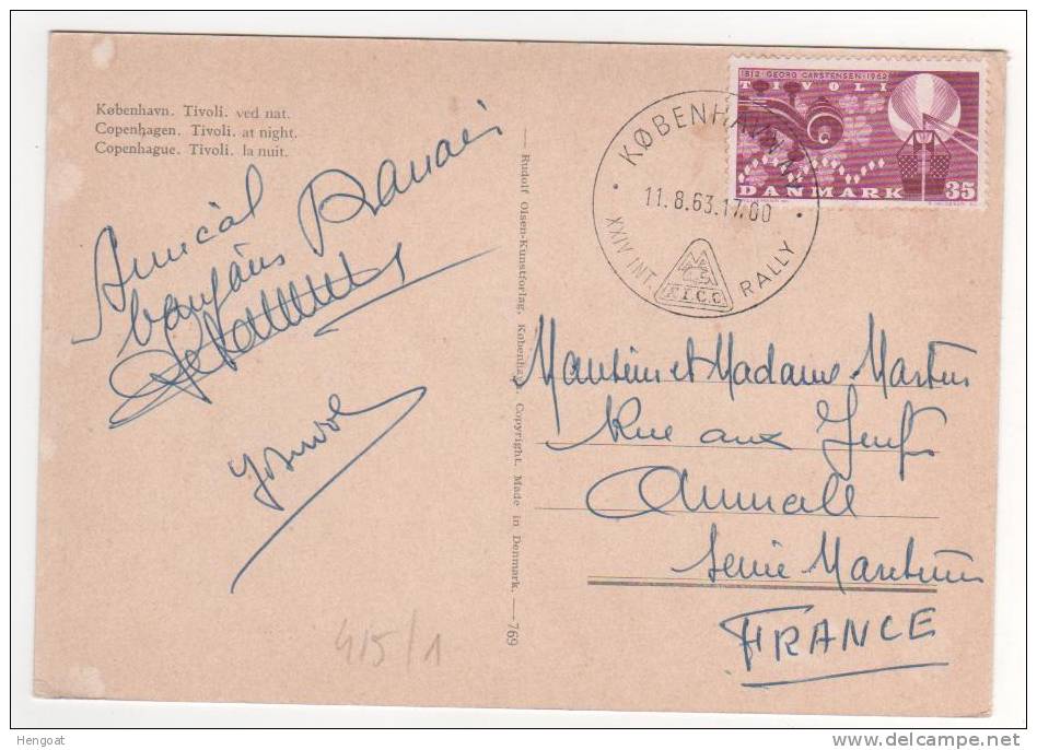 Timbre Yvert N° 415  Beau Cachet / Carte De Copenhague Du 11/8/63 Pour La France , 2 Scans - Covers & Documents