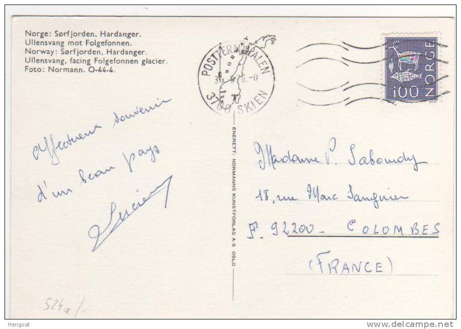 Yvert Timbre N° 524a / Carte , Postcard Du 30/8/76 , Sorfjorden Hardanger Pour La France , 2 Scans - Storia Postale